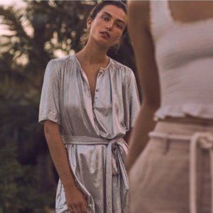 Sabina Musayev Gold Tie-Waist Shimmery Midi Dress W/ Pockets - XS